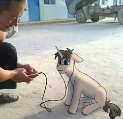 Size: 1800x1740 | Tagged: safe, artist:circumflexs, imported from derpibooru, human, pony, unicorn, cellphone, headphones, irl, irl human, listening to music, phone, photo, ponified, rule 85, sad, sitting, smartphone