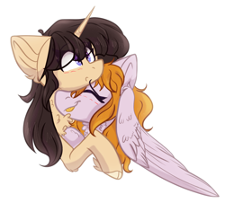 Size: 1154x1042 | Tagged: safe, artist:tizhonolulu, imported from derpibooru, oc, oc only, oc:cookie byte, oc:tiz honolulu, pegasus, pony, unicorn, blushing, chest fluff, duo, oc x oc, shipping, simple background, snuggling, white background