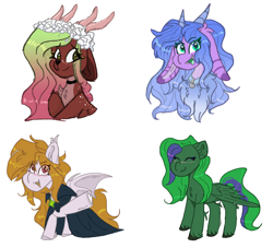 Size: 4216x3824 | Tagged: safe, artist:tizhonolulu, imported from derpibooru, oc, oc only, oc:angela blast, oc:brocc, oc:cookie byte, oc:zona blast, bat pony, deer, deer pony, draconequus, original species, pegasus, pony, cape, chest fluff, clothes, collar, floral head wreath, flower, simple background, white background