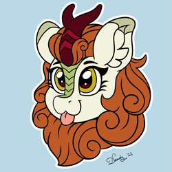 Size: 877x877 | Tagged: safe, artist:dandy, imported from derpibooru, autumn blaze, kirin, :p, awwtumn blaze, blue background, bust, colored, cute, ear fluff, female, flat colors, head only, outline, portrait, signature, simple background, solo, tongue out, white outline