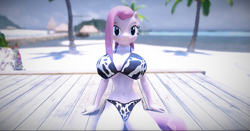 Size: 1275x670 | Tagged: safe, artist:atimkos, imported from derpibooru, pinkie pie, anthro, earth pony, 3d, beach, big breasts, breasts, busty pinkie pie, pinkamena diane pie, solo