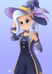 Size: 2500x3500 | Tagged: safe, artist:fadlihalimns, imported from derpibooru, trixie, human, clothes, feather, gradient background, hat, high res, humanized, phone, simple background, solo, trixie's hat