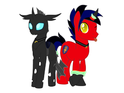 Size: 1280x960 | Tagged: safe, artist:tcgamebot, imported from derpibooru, oc, oc only, oc:changelink, oc:eclipse shine, changeling, unicorn, collar, disguise, disguised changeling, looking at you, one eye closed, simple background, tongue out, transformation, transparent background