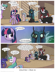 Size: 1200x1552 | Tagged: safe, artist:deusexequus, imported from derpibooru, cozy glow, lord tirek, princess celestia, princess luna, queen chrysalis, twilight sparkle, alicorn, centaur, changeling, changeling queen, pony, taur, comic:fix, 3 panel comic, comic, eyes closed, female, floppy ears, freckles, laughing, looking back, male, mare, open mouth, royal sisters, siblings, sisters, sparkly mane, sparkly wings, speech bubble, twilight sparkle (alicorn), wings