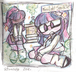 Size: 750x704 | Tagged: safe, artist:toaestt, imported from derpibooru, sci-twi, twilight sparkle, equestria girls, clothes, female, glasses, leg warmers, pen, redesign, science, solo, solo female, sweater vest, traditional art