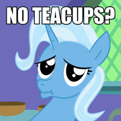 Size: 1024x1024 | Tagged: safe, artist:velgarn, imported from derpibooru, trixie, unicorn, cup, female, frown, great and powerful, looking at you, mare, meme, no bitches?, sad, teacup