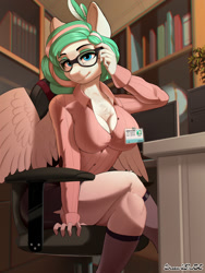 Size: 1500x2000 | Tagged: safe, artist:discordthege, imported from ponybooru, oc, oc only, anthro, pegasus, breasts, clothes, commission, computer, digital art, female, glasses, looking at you, office, pose, shirt, sitting, skirt, socks, solo, solo female, spread wings, tail, thighs, wide hips, wings