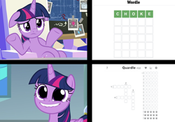 Size: 1000x696 | Tagged: safe, edit, edited screencap, imported from derpibooru, screencap, twilight sparkle, alicorn, pony, sparkle's seven, chalkboard, faic, female, floppy ears, friendship throne, meme, pudding face, solo, spoilers for another series, twilight sparkle (alicorn), wordle