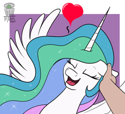 Size: 2646x2417 | Tagged: safe, artist:trash anon, imported from ponybooru, princess celestia, alicorn, human, pony, :d, cute, cutelestia, ear scratch, ears, eyes closed, female, floppy ears, happy, heart, human on pony petting, mare, offscreen character, offscreen human, open mouth, open smile, petting, pov, smiling, spread wings, wings