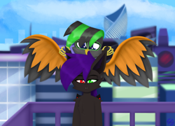Size: 6500x4679 | Tagged: safe, artist:toxinagraphica, imported from derpibooru, oc, oc only, oc:heter dark, bat pony, griffon, pony, absurd resolution, annoyed, balcony, building, cheek fluff, chest fluff, city, cloud, commission, ear fluff, fangs, female, fluffy, folded wings, happy, heterochromia, male, mare, sad, sky, smiling, spread wings, wings