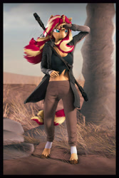 Size: 3600x5400 | Tagged: safe, artist:imafutureguitarhero, imported from derpibooru, sunset shimmer, anthro, classical unicorn, unguligrade anthro, unicorn, 3d, absurd resolution, arrow, border, bow (weapon), cargo pants, cheek fluff, chin fluff, chromatic aberration, clothes, cloven hooves, colored eyebrows, colored eyelashes, daytime, dead grass, desert, ear fluff, female, film grain, fingerless gloves, fluffy, fluffy mane, freckles, fur, gloves, grass, hoof fluff, jacket, jewelry, leather gloves, leg wraps, leonine tail, long hair, long mane, long nails, mare, multicolored hair, multicolored mane, multicolored tail, necklace, nose wrinkle, outdoors, paintover, pants, peppered bacon, quiver, revamped anthros, revamped ponies, rock, short shirt, signature, solo, source filmmaker, strap, tail, torn clothes, tree, unshorn fetlocks, vertical, wall of tags, windswept mane, windswept tail