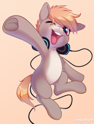 Size: 541x712 | Tagged: safe, artist:ginjallegra, imported from derpibooru, oc, oc only, oc:cookie malou, earth pony, pony, earth pony oc, female, headphones, imalou, looking at you, mare, one eye closed, open mouth, open smile, pale belly, smiling, solo, waving, white belly
