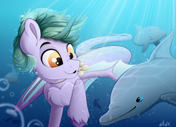 Size: 5000x3600 | Tagged: safe, artist:rainbowfire, imported from derpibooru, oc, oc only, dolphin, hybrid, kirin, original species, pony, siren, bubble, chest fluff, crepuscular rays, cute, gift art, grin, jewelry, male, necklace, ocean, shells, simple background, smiling, stallion, sunlight, swimming, underwater, water, wings, yellow eyes