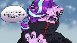 Size: 3840x2160 | Tagged: safe, artist:aqlogenesis, imported from derpibooru, starlight glimmer, anthro, unicorn, akatsuki, clothes, my pain is greater than yours, nagato, nail polish, naruto, piercing, rinnegan, robe, sky, solo