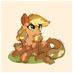 Size: 1002x1002 | Tagged: safe, artist:aureai, imported from derpibooru, applejack, earth pony, pony, chest fluff, cute, ear fluff, female, happy, jackabetes, leg fluff, looking up, lying, missing accessory, mouth hold, simple background, sitting, solo