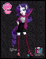 Size: 2151x2787 | Tagged: safe, artist:nemoturunen, imported from derpibooru, rarity, equestria girls, arm behind head, clothes, eyelashes, female, hand on hip, high heels, high res, horn, lipstick, makeup, one eye closed, ponied up, shoes, socks, solo, stockings, thigh highs, wink