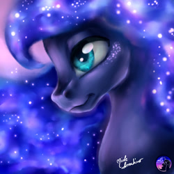 Size: 2449x2449 | Tagged: safe, artist:nemoturunen, imported from derpibooru, princess luna, alicorn, pony, bust, ethereal mane, eyelashes, female, high res, mare, missing accessory, signature, solo, starry mane