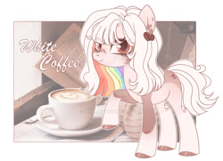 Size: 1024x743 | Tagged: safe, artist:miioko, imported from derpibooru, oc, oc only, earth pony, pony, coffee, colored hooves, deviantart watermark, earth pony oc, female, mare, mug, multicolored hair, obtrusive watermark, rainbow hair, solo, watermark