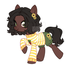 Size: 1024x866 | Tagged: safe, artist:miioko, imported from derpibooru, oc, oc only, earth pony, pony, clothes, deviantart watermark, earth pony oc, flower, flower in hair, obtrusive watermark, shorts, simple background, solo, sunflower, transparent background, watermark