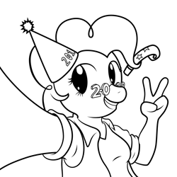 Size: 2048x2048 | Tagged: safe, artist:alixnight, imported from derpibooru, pinkie pie, anthro, 2019, affinity designer, black and white, clothes, grayscale, hat, lineart, monochrome, new year, novelty glasses, party hat, party horn, peace sign, prehensile mane, selfie, solo, vector