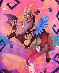 Size: 1080x1351 | Tagged: safe, artist:maxime_owo, imported from derpibooru, discord, draconequus, abstract background, antlers, chaos, cup, digital art, discorded landscape, drawing, fangs, hat, looking at you, monocle, monocle and top hat, playing card, red eyes, solo, teacup, top hat