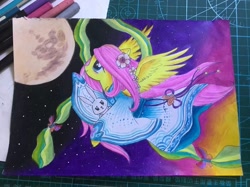 Size: 2134x1600 | Tagged: safe, imported from derpibooru, angel bunny, fluttershy, pegasus, pony, rabbit, animal, clothes, duo, full moon, kimono (clothing), moon, traditional art
