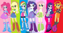 Size: 600x313 | Tagged: safe, artist:lucygucy123, imported from derpibooru, applejack, fluttershy, pinkie pie, rainbow dash, rarity, sunset shimmer, twilight sparkle, equestria girls, belt, boots, clothes, cowboy boots, cowboy hat, eqg promo pose set, hat, high heel boots, humane five, humane six, jacket, shirt, shoes, skirt, socks, twilight sparkle (alicorn)