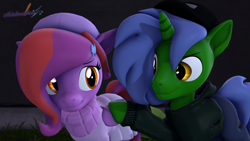 Size: 3840x2160 | Tagged: safe, artist:melodiousmarci, imported from derpibooru, oc, oc:omega(phosphorshy), oc:star beats, pegasus, unicorn, 3d, alley, beanie, clothes, hairclip, hat, hoodie, looking at each other, looking at someone, melodiousphosphor, night, pants, skirt, source filmmaker, sweater