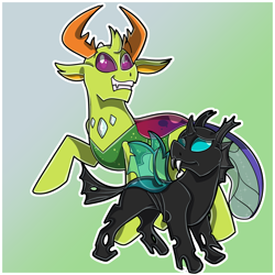 Size: 3000x3000 | Tagged: safe, artist:wulfums, imported from derpibooru, thorax, changedling, changeling, before and after, duality, februpony, green background, king thorax, self paradox, self ponidox, simple background, solo, time paradox