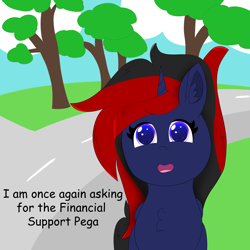 Size: 5000x5000 | Tagged: safe, artist:eminent entropy, imported from derpibooru, oc, oc only, oc:nepeta uchiha, alicorn, pony, bernie sanders, cloud, female, looking at you, mare, meme, ponified, ponified meme, road, scenery, solo, tree