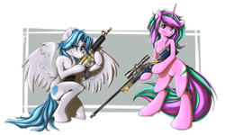 Size: 3159x1898 | Tagged: safe, artist:otkurzacz, imported from derpibooru, oc, oc only, pegasus, pony, semi-anthro, unicorn, awp, bipedal, counter-strike, gun, looking at you, simple background, transparent background, weapon