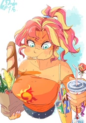 Size: 700x1000 | Tagged: source needed, safe, artist:sozglitch, imported from derpibooru, sunset shimmer, equestria girls, bags, baguette, big breasts, bread, breasts, busty sunset shimmer, candies, candy, chips, clothes, corn, drink, eating, food, groceries, lollipop, open mouth, potato chips, soda, studded belt, sweat, tied hair, tomato, tube top, vegetables