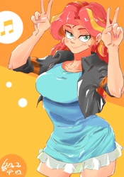 Size: 700x1000 | Tagged: source needed, safe, artist:sozglitch, imported from derpibooru, sunset shimmer, human, equestria girls, bolero jacket, clothes, double peace sign, dress, female, humanized, looking at you, music notes, peace sign, smiling, smiling at you, smirk, solo