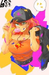 Size: 661x1000 | Tagged: source needed, safe, artist:sozglitch, imported from derpibooru, sunset shimmer, equestria girls, baseball cap, big breasts, breasts, bubblegum, busty sunset shimmer, cap, clothes, female, food, geode of empathy, gum, hat, jacket, looking at you, magical geodes, paint stains, studded belt