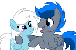 Size: 1845x1219 | Tagged: safe, artist:feather_bloom, imported from derpibooru, oc, oc only, oc:azure thunder, oc:feather_bloom, pegasus, pony, blue eyes, blushing, duo, female, folded wings, hooves, looking at someone, male, mare, open mouth, open smile, pegasus oc, purple eyes, show accurate, signature, simple background, smiling, stallion, tail, two toned mane, two toned tail, white background, white mane, white tail, wings