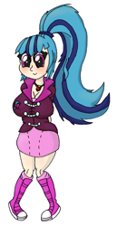 Size: 1435x2791 | Tagged: safe, artist:ewrrfb, imported from derpibooru, sonata dusk, equestria girls, arm behind back, big breasts, blue hair, breasts, busty sonata dusk, cleavage, converse, female, gem, human coloration, looking at you, ponytail, shoes, simple background, siren gem, smiling, smiling at you, sneakers, solo, white background, wide hips