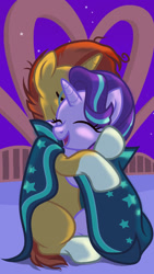 Size: 1242x2208 | Tagged: source needed, safe, artist:dawnflame, imported from derpibooru, starlight glimmer, sunburst, pony, unicorn, cloak, clothes, female, hug, kissing, male, mare, missing cutie mark, shipping, stallion, starburst, straight, sunburst's cloak