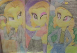 Size: 1080x743 | Tagged: artist needed, safe, imported from derpibooru, adagio dazzle, equestria girls, cowboy hat, disguise, disguised siren, hat, one eye closed, three quarter view, traditional art, wink