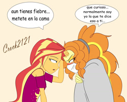 Size: 1280x1031 | Tagged: safe, artist:crock2121, imported from derpibooru, adagio dazzle, sunset shimmer, equestria girls, equestria girls series, spring breakdown, sunset's backstage pass!, spoiler:eqg series (season 2), blanket, clothes, comic, cruise outfit, dialogue, duo, duo female, female, lesbian, mask, shipping, sick, simple background, spanish, sunsagio