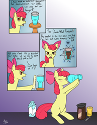 Size: 2550x3300 | Tagged: safe, artist:heavysteno, imported from derpibooru, apple bloom, earth pony, pony, blush sticker, blushing, coffee, drinking, female, filly, foal, hoof hold, magnetic hooves, ruler, solo, thermos