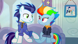 Size: 1280x721 | Tagged: safe, artist:mlplary6, imported from derpibooru, rainbow dash, soarin', pegasus, pony, the last problem, bomber jacket, bride, clothes, dress, female, groom, jacket, looking at each other, looking at someone, male, older, older rainbow dash, older soarin', shipping, smiling, soarindash, straight, wedding dress, wedding photo