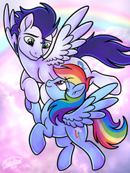 Size: 1600x2134 | Tagged: safe, artist:melspyrose, imported from derpibooru, rainbow dash, soarin', pegasus, pony, cloud, cute, dashabetes, duo, duo male and female, eye contact, eyebrows, eyebrows visible through hair, female, flying, hoof hold, looking at each other, looking at someone, male, mare, rainbow, shipping, signature, sky, smiling, smiling at each other, soarinbetes, soarindash, spread wings, stallion, straight, stupid sexy rainbow dash, stupid sexy soarin', wings