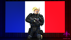 Size: 3840x2160 | Tagged: safe, artist:equeenart, imported from derpibooru, oc, oc:nikytaequeen, anthro, donkey, 3d, counter-strike: global offensive, famas, female, flag, france, g.i.g.n, gendarmerie, gun, pose, rifle, weapon