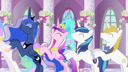 Size: 1280x720 | Tagged: safe, artist:mlp-silver-quill, imported from derpibooru, prince blueblood, princess cadance, princess celestia, princess luna, shining armor, alicorn, pony, unicorn, after the fact, after the fact:keep calm and flutter on, alicorn triarchy, bowtie, canterlot castle, conga line, crown, cute, cutedance, female, flower, imagine spot, jewelry, lunabetes, male, mare, peytral, prince bluebetes, regalia, shining adorable, stallion