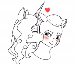 Size: 2377x2048 | Tagged: safe, artist:dancingkinfiend, imported from derpibooru, izzy moonbow, sprout cloverleaf, earth pony, pony, unicorn, black and white, blushing, bust, cheek kiss, comforting, curly hair, curly mane, embarrassed, eyebrows down, female, g5, glasses, grayscale, happy, heart, horn, izzysprout, kissing, lineart, male, mare, monochrome, my little pony: a new generation, shipping, stallion, straight, tsundere, wavy hair, wavy mane