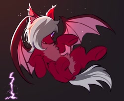 Size: 1228x1000 | Tagged: safe, artist:swaybat, derpibooru exclusive, imported from derpibooru, oc, oc only, oc:ignatius, bat pony, backlighting, bat wings, butt, chest fluff, ear fluff, fangs, gradient background, hair over one eye, leg fluff, lying down, on back, pale belly, plot, solo, wings