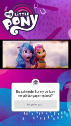 Size: 640x1138 | Tagged: dead source, safe, imported from derpibooru, screencap, izzy moonbow, sunny starscout, earth pony, pony, unicorn, spoiler:my little pony: a new generation, 2d, 3d, cloud, g5, horseshoes, instagram, instagram story, leaves, logo, my little pony: a new generation, official, quiz, shocked, surprised, turkey (country), turkish, wave, zephyr heights
