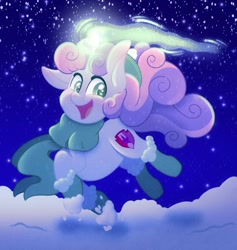 Size: 1583x1668 | Tagged: safe, artist:carouselunique, imported from derpibooru, sweetie belle, pony, unicorn, beanie, boots, clothes, cute, diasweetes, februpony, female, filly, foal, glowing, glowing horn, happy, hat, horn, looking at you, magic, night, open mouth, open smile, scarf, shoes, smiling, smiling at you, snow, solo, stars, winter