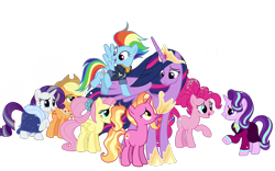 Size: 2560x1600 | Tagged: safe, artist:dawnflame, imported from derpibooru, applejack, fluttershy, luster dawn, pinkie pie, rainbow dash, rarity, starlight glimmer, twilight sparkle, alicorn, earth pony, pegasus, pony, unicorn, the last problem, female, headmare starlight, mane six, mare, older, older applejack, older fluttershy, older mane six, older pinkie pie, older rainbow dash, older rarity, older twilight, princess twilight 2.0, simple background, transparent background, twilight sparkle (alicorn)