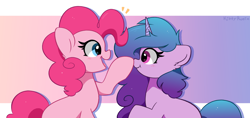 Size: 7112x3352 | Tagged: safe, artist:kittyrosie, imported from derpibooru, izzy moonbow, pinkie pie, earth pony, pony, unicorn, abstract background, absurd resolution, blushing, boop, cute, daaaaaaaaaaaw, diapinkes, duo, female, g4, g5, happy, izzybetes, looking at each other, looking at someone, mare, my little pony: a new generation, open mouth, open smile, simple background, smiling